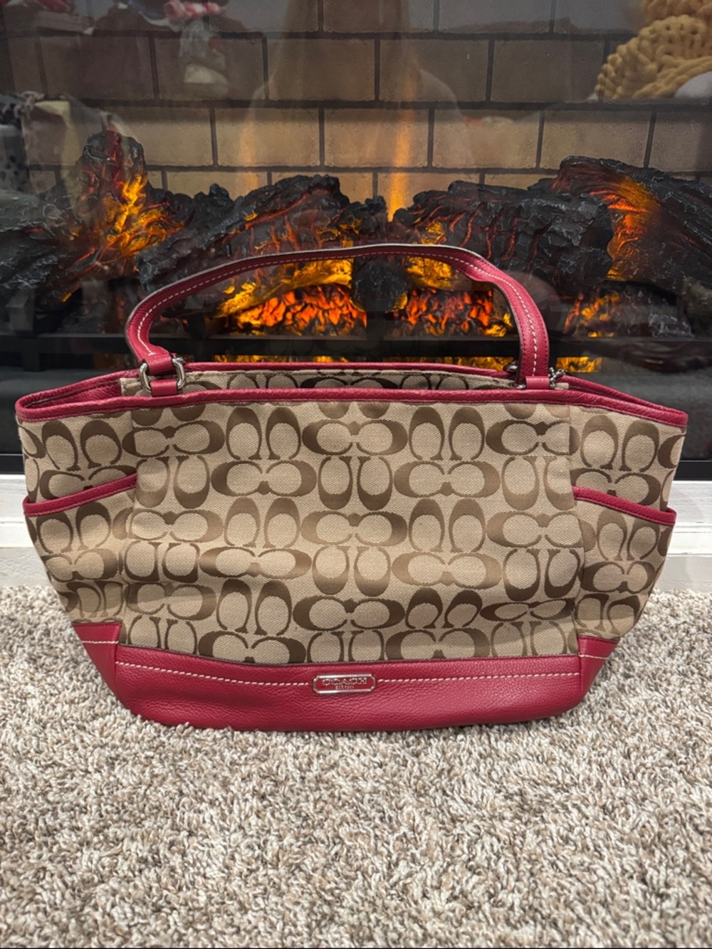 Coach Tan Signature Tote with Red Leather Trim
